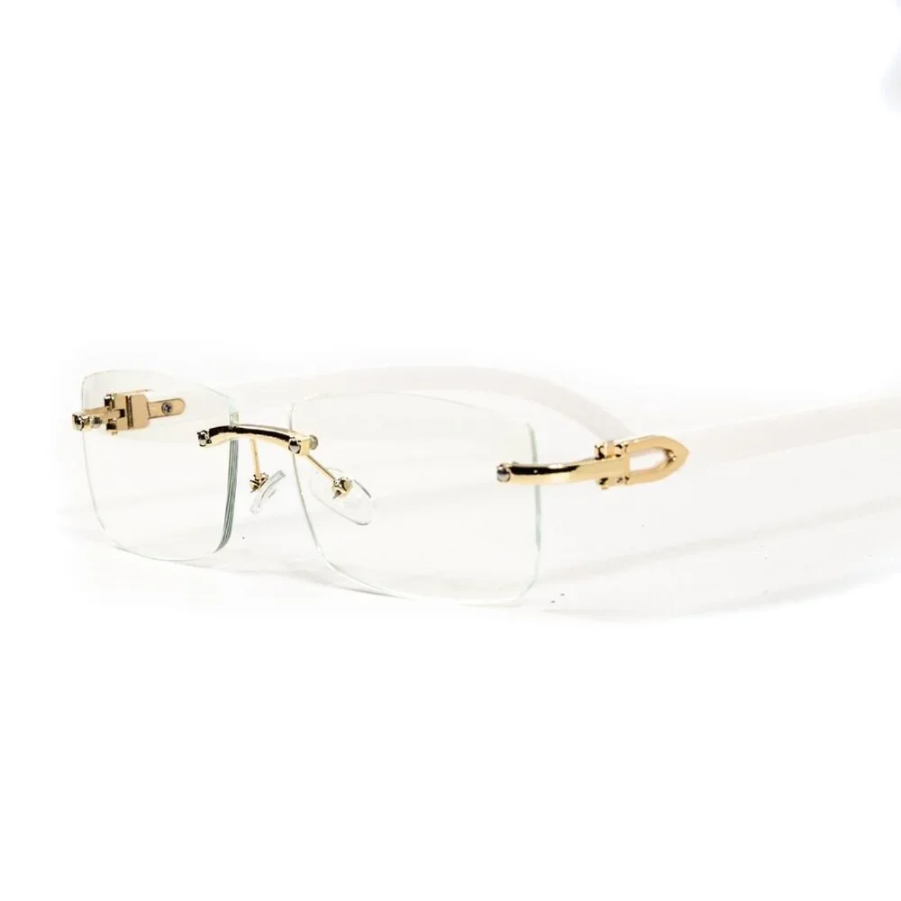 White Wood Grain Clear Lens Mens Gold Frame Rectangular Luxury Square Glasses_4